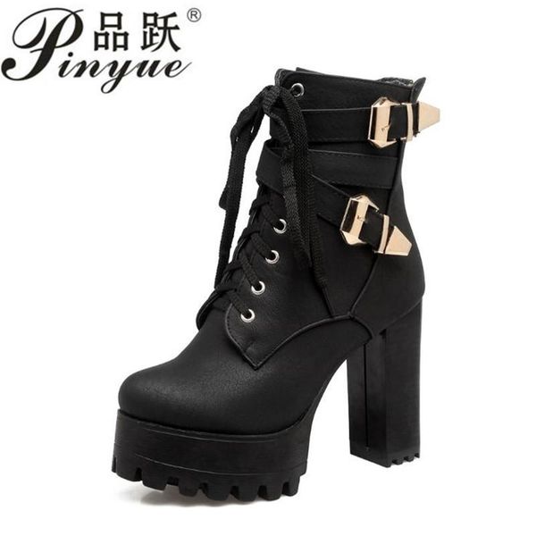 

boots women autumn ankle high heels platform round toe leather booties black shoes ladies party