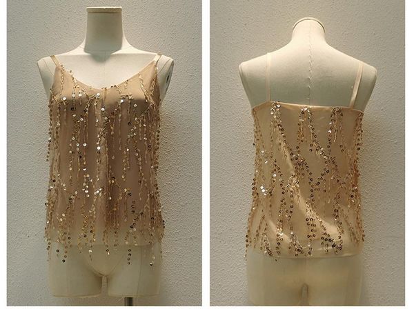 

women's blouses & shirts h80&s90 women versatile slim v-neck sparking sequin bead sling chiffon stretcfh casual camisole pullover, White