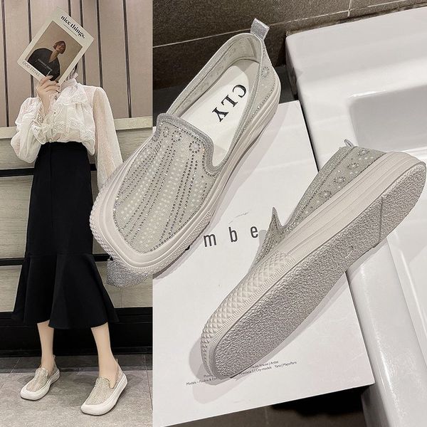 

sneakers mesh shoes platform rhinestone casual woman breathable sparkles fashion 2022 cotton fabric crystal summer slipper basic, Black;white