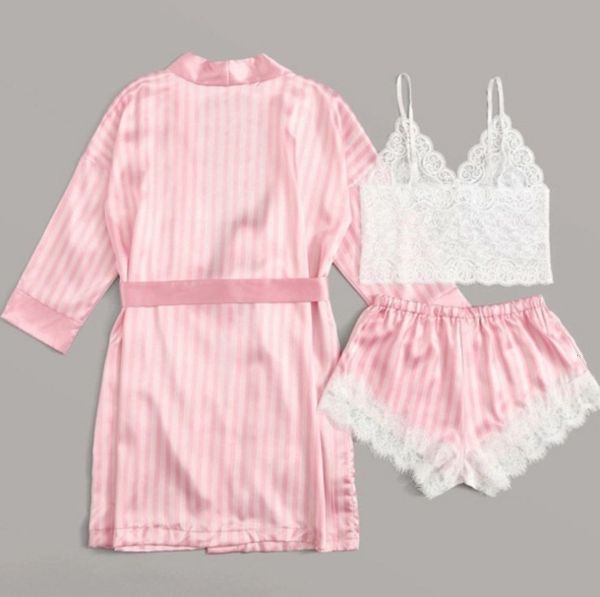 

bathrobe style pajamas elastic satin pink stripe coat lace suit