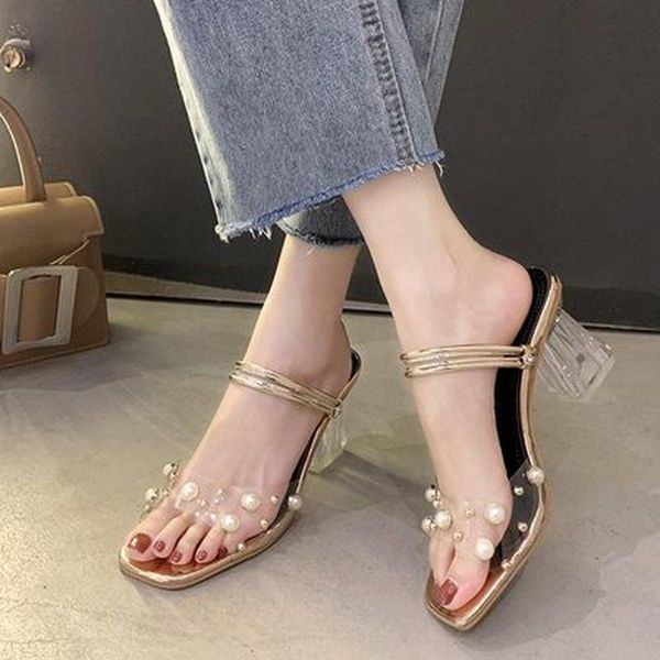 

sandals 2021 summer pearl square toe transparent heel two-wear high-heeled slippers net red fashion shoes tide, Black