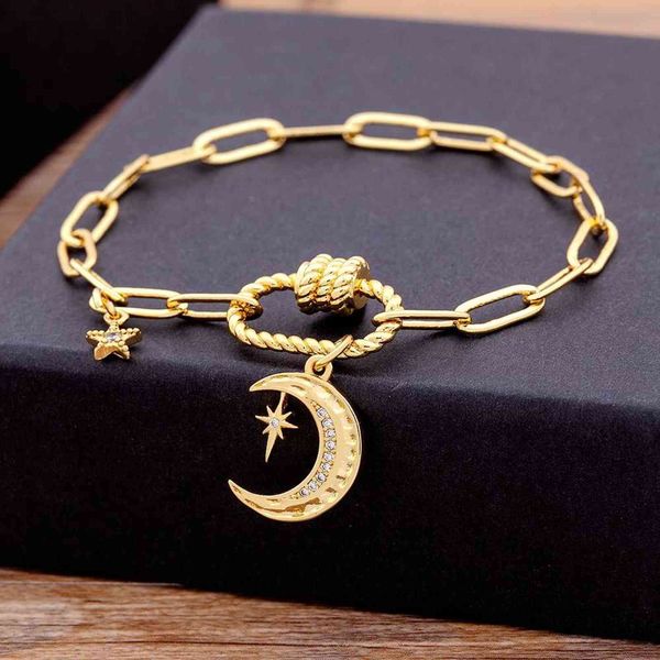 

quality 17 styles luxury copper zircon star moon pendants bracelets for women men link chain geometric jewelry, Golden;silver