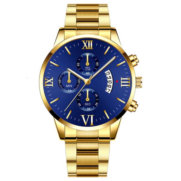 

watch men's three eye six pin calendar window quartz classic roman gold high-grade steel band, Slivery;brown
