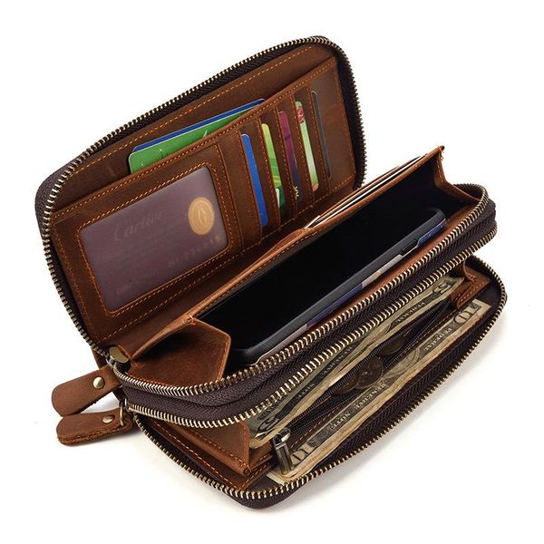 

wallets genuine leather men wallet large capacity crazy horse real cow man double zipper purse clutch bag male wrist, Red;black
