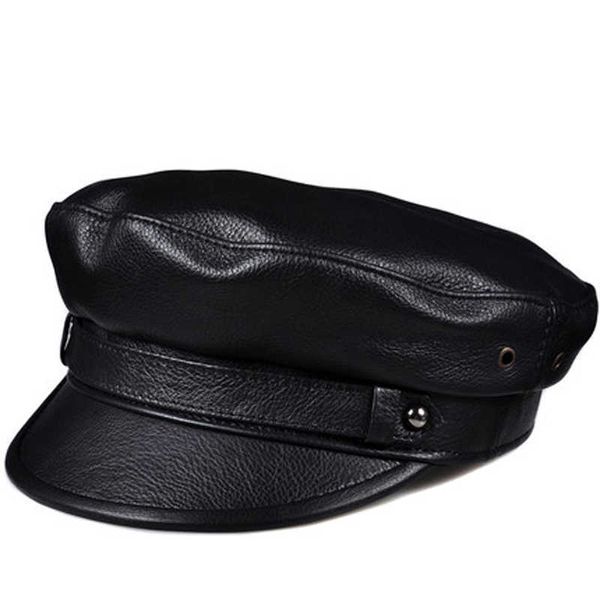 2020 Winter Männer/Frauen Echtes Leder Navy Hüte Unisex Europäischen/Amerikanischen Streetwear Ausgestattet Schwarz Kappen mit Gürtel Outdoor Gorro Q0911