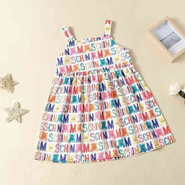 

2021 summer girls' rainbow letter bear print lovely princess dress, White