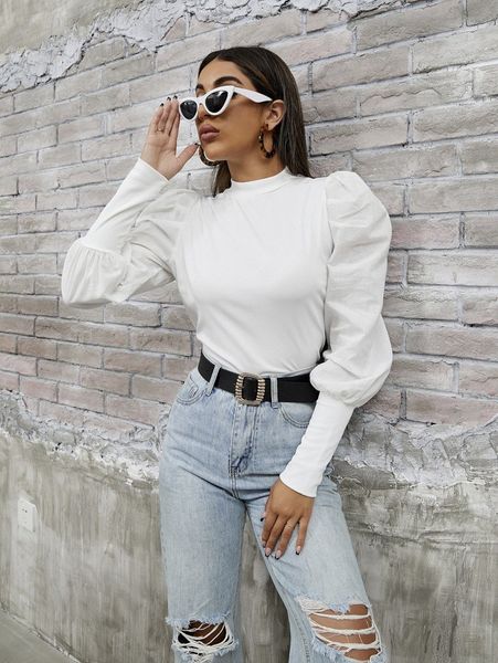 

solid gigot sleeve mock neck tee 775x#, White