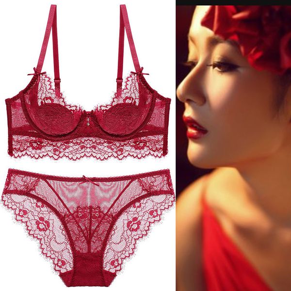 

59% off factory outlet store 120# underwear suit lace large bra small transparent ultra thin, Red;black