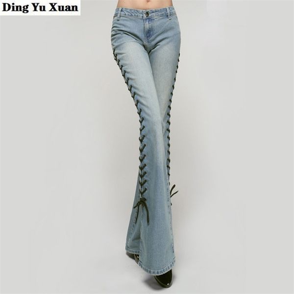 

big flare denim pants female side bandage bell bottom jeans vintage long trousers women slit lace up flared high fashion 210915, Blue