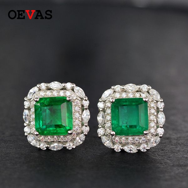 

oevas 100% 925 sterling silver sparking 7*7mm emerald stud earrings high carbon diamond wedding party fine jewelry wholesale, Golden;silver