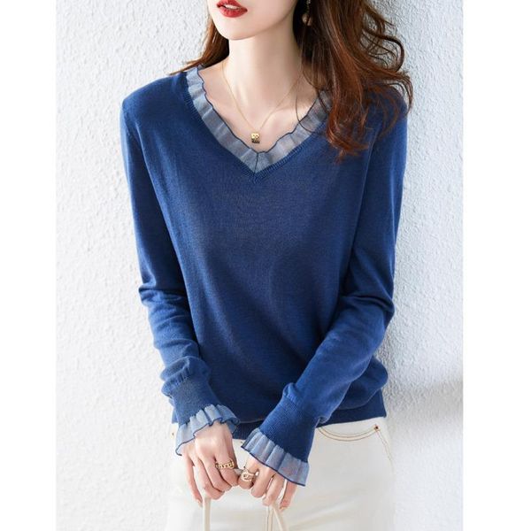 

women's sweaters long-sleeved knitted sweater 2021 early autumn style outer pullover v-neck blouse with ruffle stitching wm*, White;black