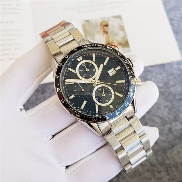 

business watch fashion chronograph wristwatches full stainless steel blue face 5 atm waterproof luminous pointer montre de luxe gifts, Slivery;brown