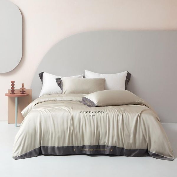 

bedding sets 2021 four-piece simple 100% tencel lyocell fiber bed sheet quilt cover embroidered twill comfortable khaki color