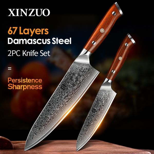 

xinzuo 2pcs chef kitchen knife set japan vg10 damascus stee chef utiity knives rosewood hande quaity kitchen cook toos
