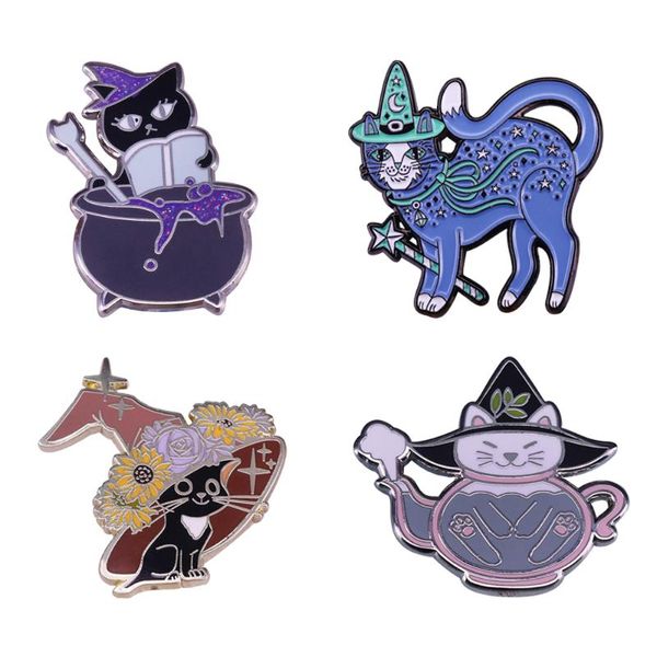 

pins, brooches witch cat enamel pin magic literary cute accessory, Gray