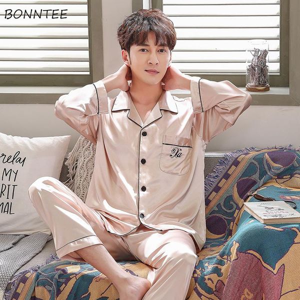 

men's sleepwear pajama sets men long sleeve sleep soft oversize button turn-down collar letter printed pajamas male korean style, Black;brown