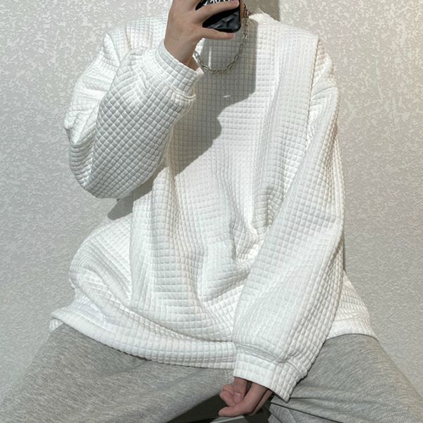 

mens sweater waffle long sleeve t-shirt men's autumn couple trend ins loose round neck sweater student versatile bf bottomed shirt, Black