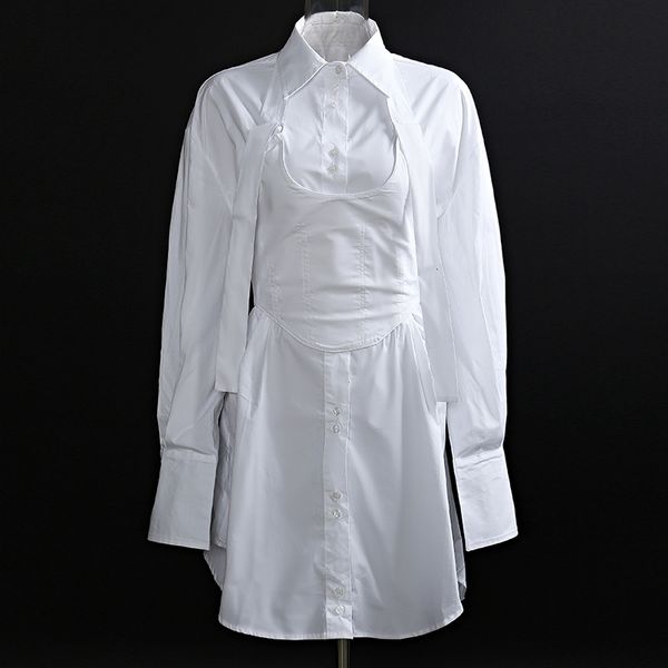 

casual dresses women white cotton shirt reversible long sleeve high street+adjustable corset waistcoat 3ppw, Black;gray