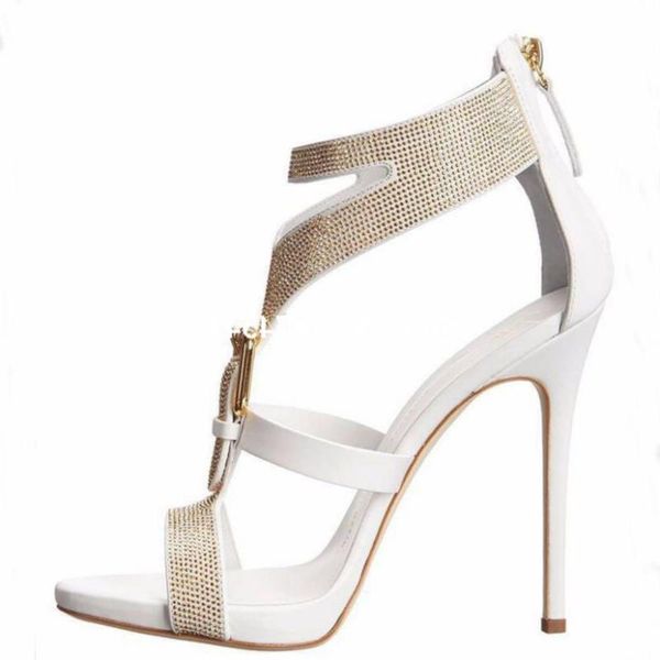 

sandals fashion white and black crystal high heel cover rear zipper pretest buckle design summer party women