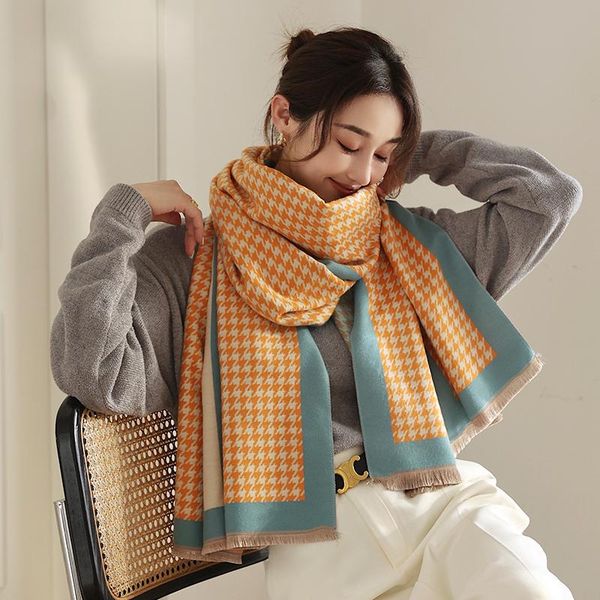 

scarves women's scarf winter luxury houndstooth autumn soft thick designers cashmere warm shawl wraps women 2021, Blue;gray