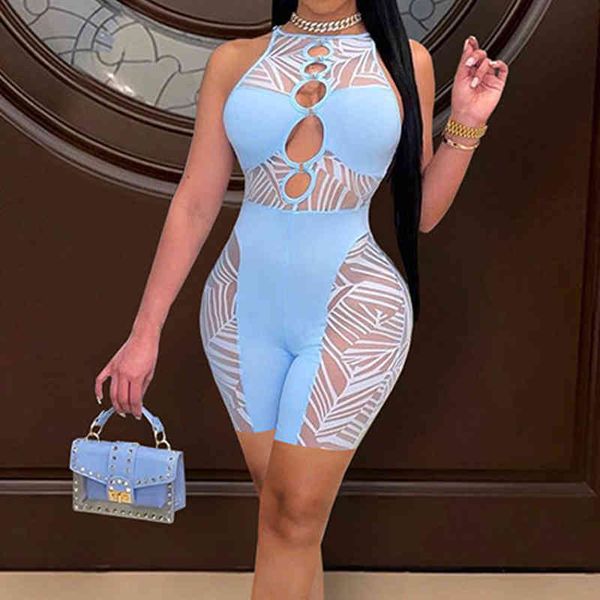 

hollow out playsuits for women summer sleeveless mesh patchwork romper skinny nightclub overall 210521, Black;white