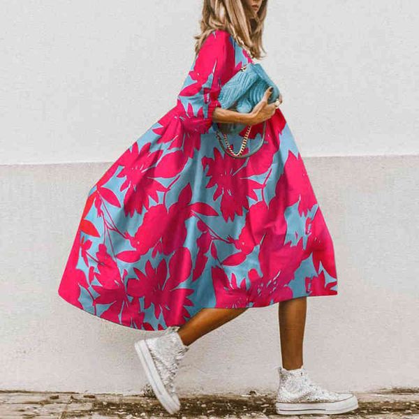 

flower print dress sundress women vintage party dresses casual woman plus size loose dresses for women print dress 210515, Black;gray