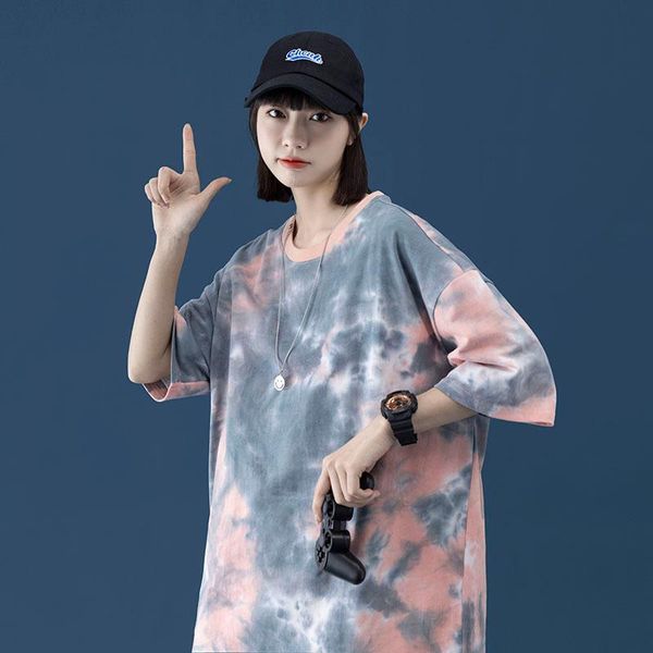 

neutral wind tie-dye short sleeve loose 2021 pure cotton white matching couples t-shirt comfortable breathable trend men's t-shirts, White;black