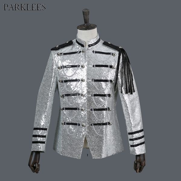 

mens shiny sliver sequin glitter blazer jacket nightclub bar dance prom suit blazer men dj party stage singer costume homme 210522, White;black