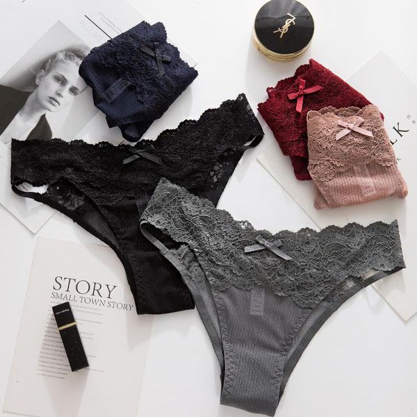 

women's panties french lace girls low waist transparent seamless bowknot underwear ladies thongs comfortable briefs, Black;pink