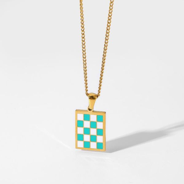 

chains 2021 arrival 18k gold plated stainless steel party jewelry square chess plaid pendant necklace for women, Silver