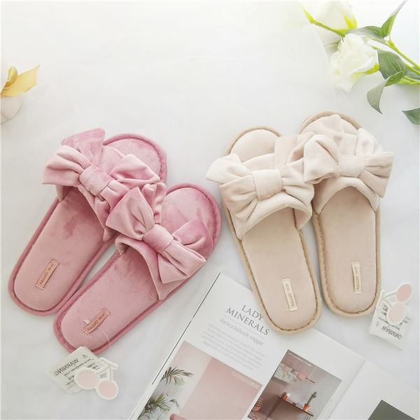 

flocking bow knot fish mouth home sandals slippers floor shoes elegant can wear non-slip comfortable home slippers y0406, Black