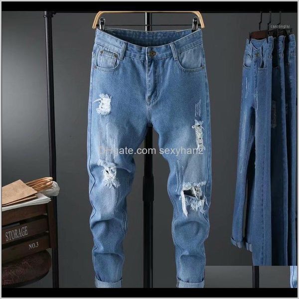 

clothing apparel drop delivery wholesale 2021 fashion mens young handsome beggar hole small feet jeans korean slim casual wild cropped denim, Blue