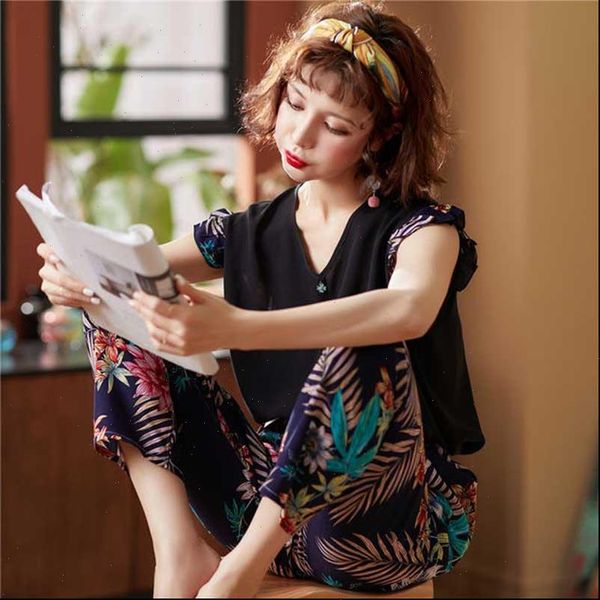 

cotton satin pyjamas set womens sleepwears sweet ruffle sleeve korean style loose sleepwear women 2pcs homewear summer comfort casual wear, Black;red