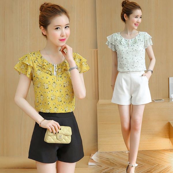 

women's t-shirt flower printed short ruffles sleeve chiffon blouses shirts lady brand casual o-neck women spring summer style blusas, White