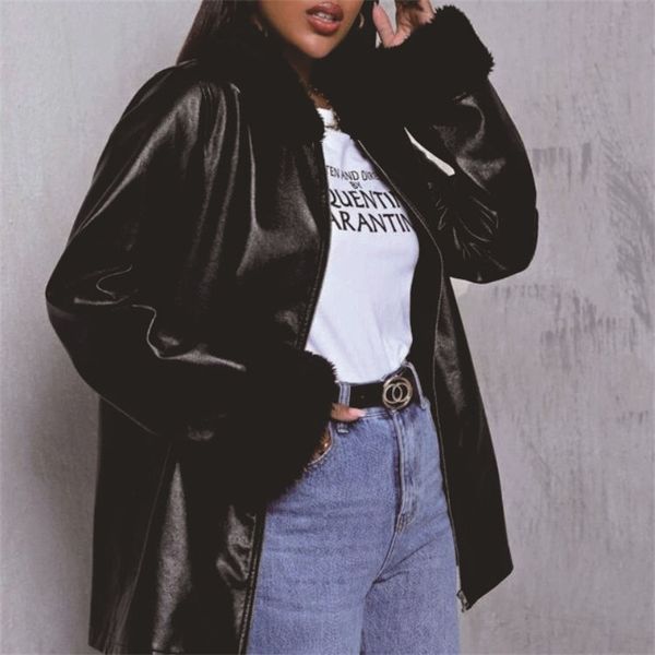 

long sleeve fashion black coat jacket fur collar medium long woman