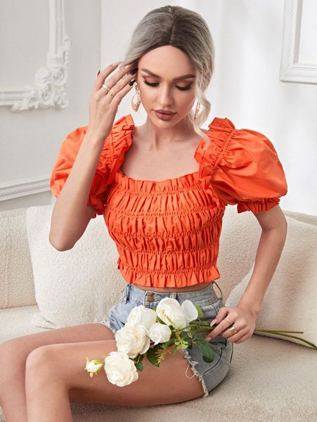 

puff sleeve shirred k5ke#, White