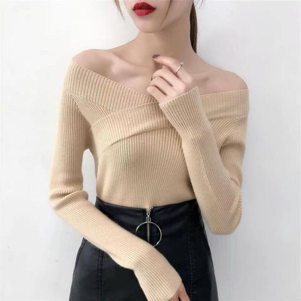 

women sweater v neck twisted back jumpers autumn pullovers casual long sleeve knitted off shoulder pull femme women's sweaters, White;black