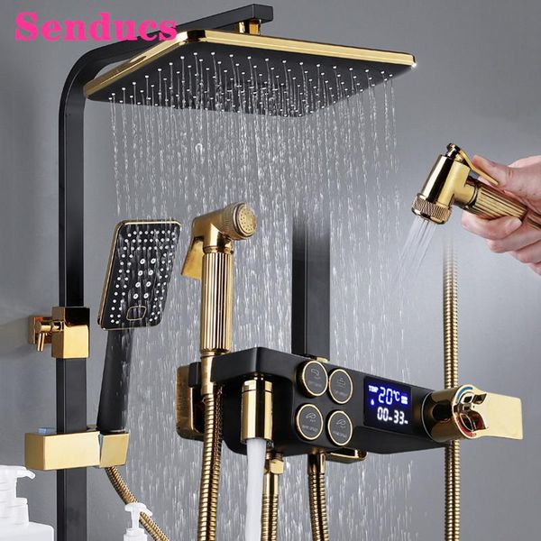 

digital shower set senducs black gold bathroom system with 10 inch rainfall head brass bathtub mixer faucets sets