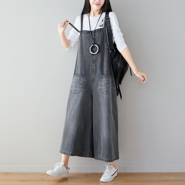 Johnature Herbst Winter Lose Retro Einfarbig Taschen Breite Bein Overalls Volle Länge Plus Größe Frauen Hosenträger Hosen 210521