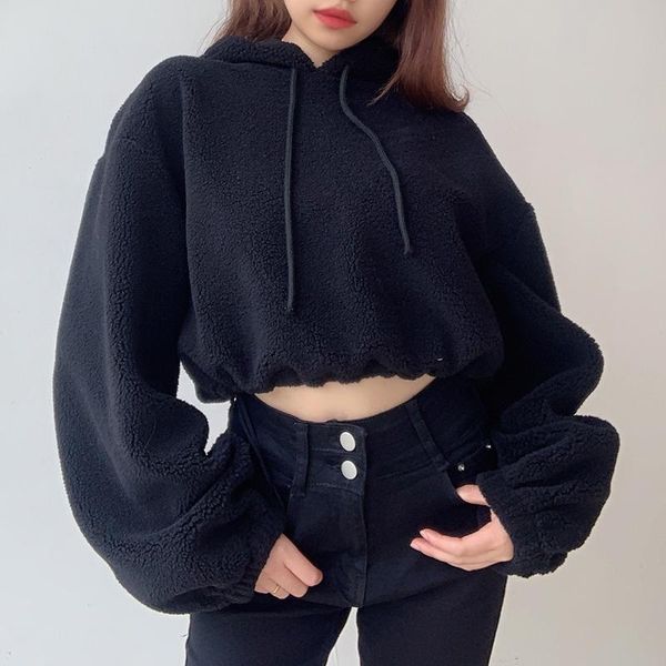 

women's hoodies & sweatshirts fuzzy fleece sweatshirt, casual long sleeve drawstring hem solid color crop hoodie, Black