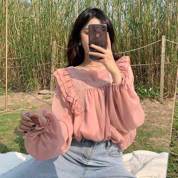 

3colors spring autumn women's blouse korean sweet chiffon shirt women outwear long sleeve (n0065 210423, White