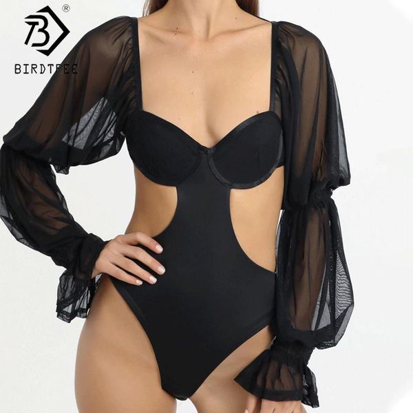 

women's jumpsuits & rompers bodysuit women square collar hollow out lantern sleeve jumpsuit body suit mesh patchwork black d12005a, Black;white