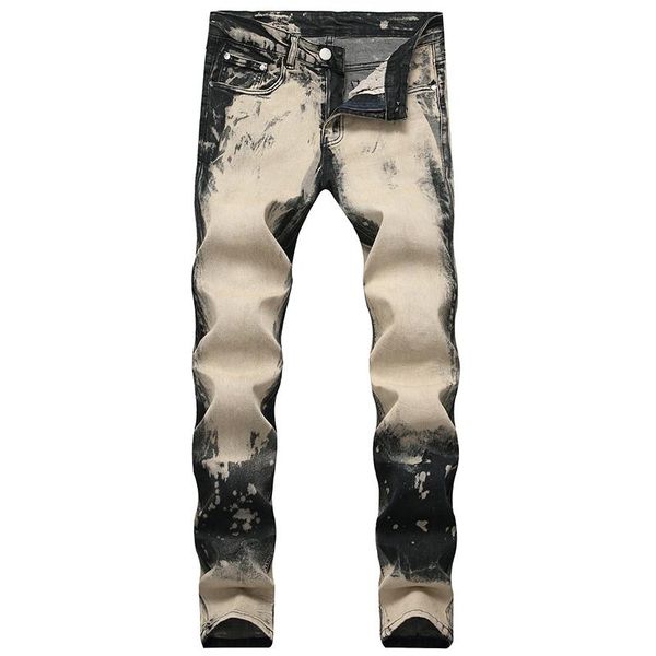 

men's tie dye slim stretch jeans plus size washed denim pants, Blue