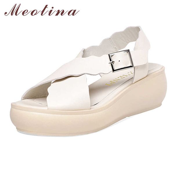 Meotina Real Sandálias de couro Cross-Strap Open Toe Platform Wedge Heels Sapatos Sapatos Sandálias Sandálias Verão Feminino Bege Preto 210608