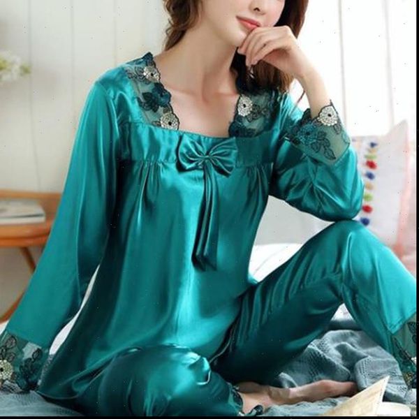 

pajamas two piece women sleepwear long sleeve pants lace decoration silk cloth leisure homewear square collar design nightgown, Black;red