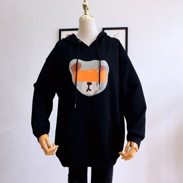 

autumn print thicken hoodies women's mid length sweatshirts fleece coat, Black