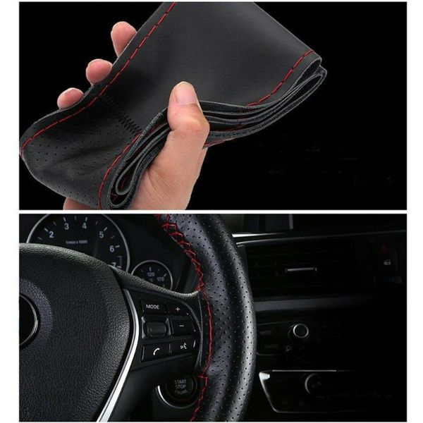 

steering wheel covers 1pc cover 37-38cm black car leather red line sew universal