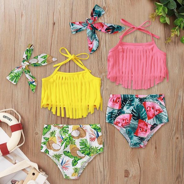 

one-pieces three piece swimsuit colorful summer baby girls suspended tassels swimming shorts headband set bathing suit, Black