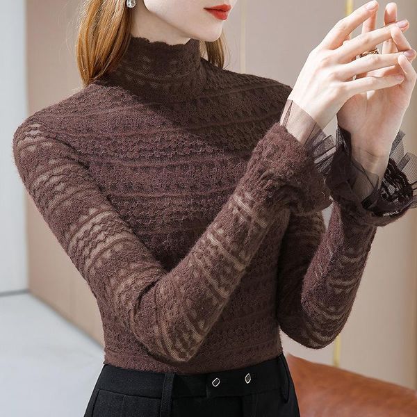 

women's t-shirt european station high collar lace autumn and winter style with long sleeve splicing mesh trumpet, White