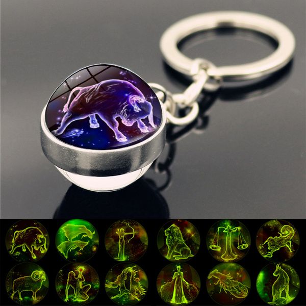 

12 constellation luminous keychain glass ball pendant zodiac keychain glow in the dark key chains holder men women birthday gift, Silver